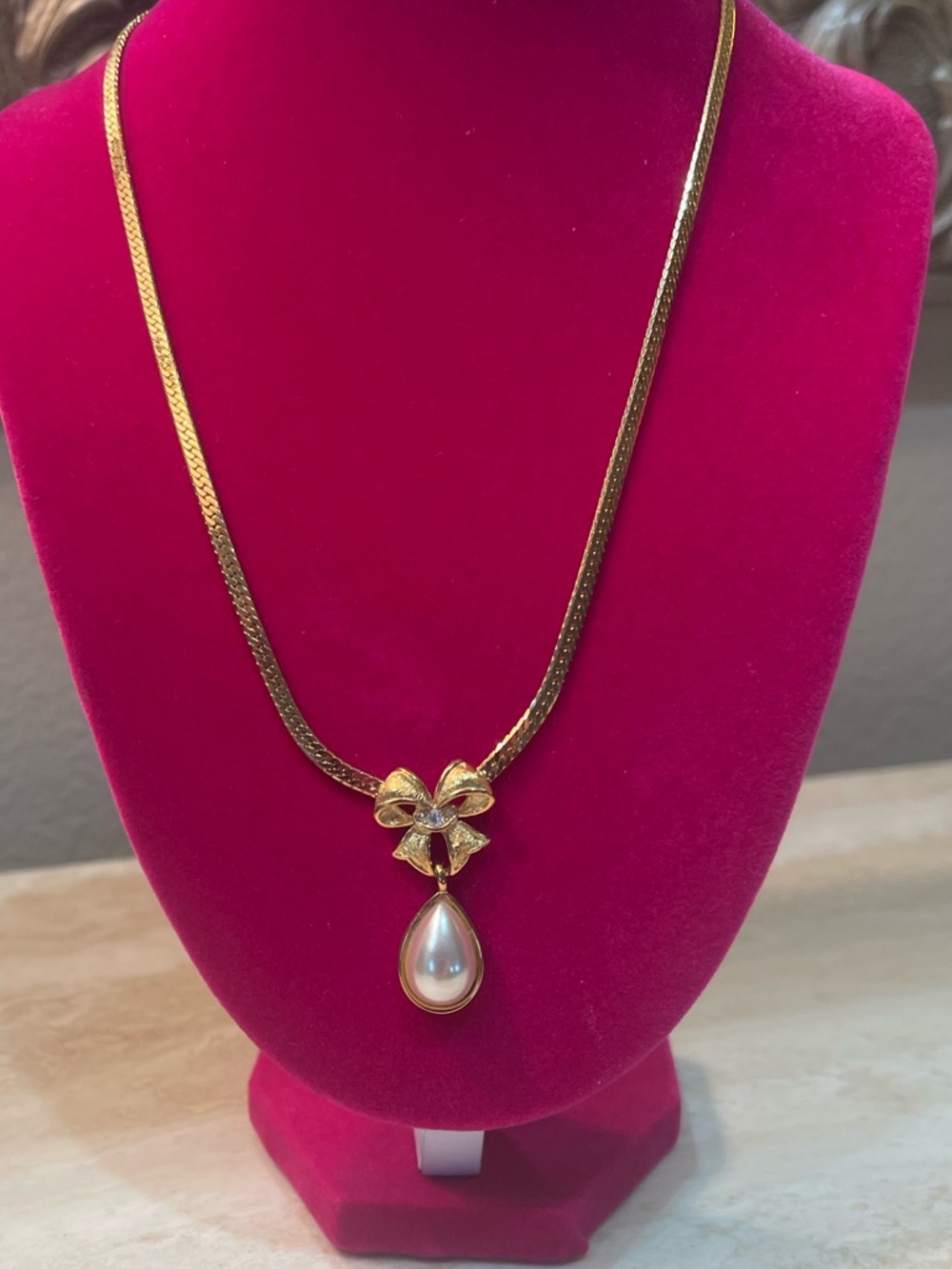 Napier Gold-Tone Bow Necklace with Pearl Teardrop